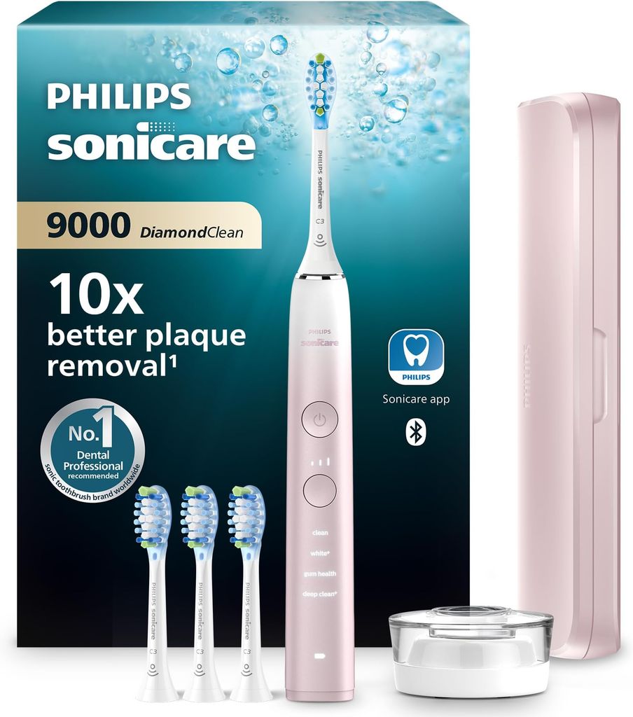 Imagen de: Philips Sonicare DiamondClean 9000, cepillo dental eléctrico, edición especial, sónico con aplicación, sensor de presión, soporte de carga, rosa, modelo HX9911/79, Rosa