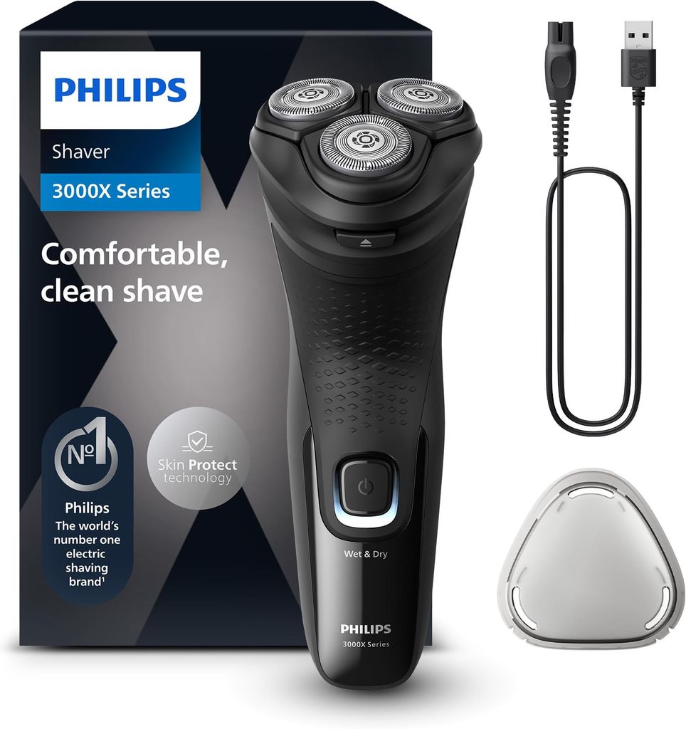 Imagen de: Philips Serie X3000 Afeitadora Eléctrica Hombre, Máquina de Afeitar Barba con Cortapatillas, 27 cuchillas, Cuida la piel, 40min de uso, En Seco y Húmedo, Recargable, X3001/00, Negro