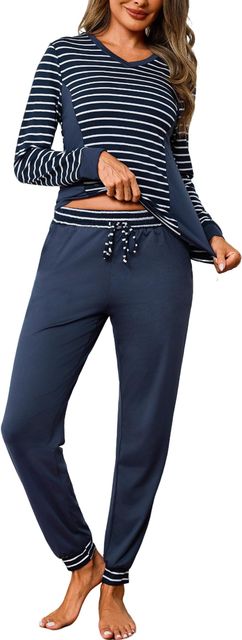 Imagen de la oferta: Pijama Mujer Invierno Conjunto de Pijamas Algodón Rayas Pijama Manga Larga Ropa de Dormir Cuello en V Camiseta y Pantalones Largo