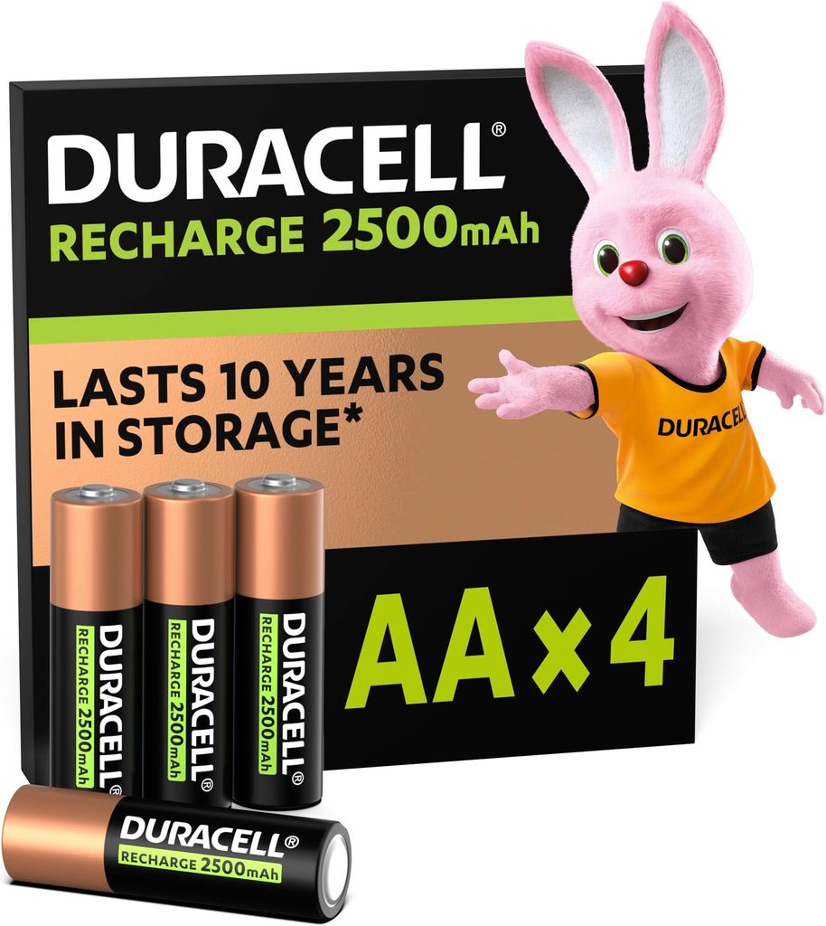 Imagen de: Duracell pilas recargables AA (Paquete de 4), 2500 mAh NiMH, precargadas, nuestras pilas recargables no. 1 en duración, con 0% plástico 100% embalaje reciclable