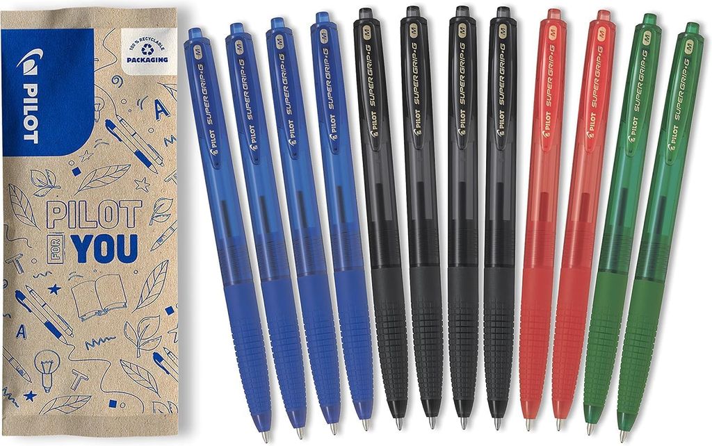 Imagen de: PILOT Caja de 12 Supergrip G RT - Bolígrafos PILOT con tinta recargable y empuñadura cómoda - Bolígrafo retráctil y recargable - 4 Azules, 4 Negros, 2 Rojos, 2 Verdes - Punta Media