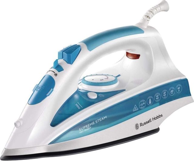 Imagen de la oferta: Russell Hobbs Plancha de Ropa Steam Glide Professional - 2600 W, Suela de Cerámica, Antideslizante, Planchado Seco, Golpe Vapor 210g, Vapor Continuo 70g, Función Autolimpieza, Blanco y Azul - 20562-56