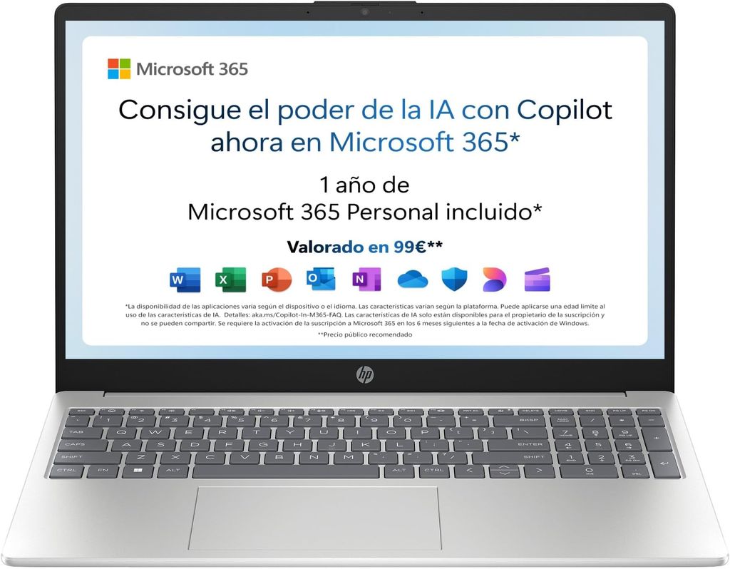 Imagen de: HP 15-fd0186ns - Ordenador portátil de 15.6" FHD (Intel N100, 4GB RAM, 128GB UFS, Intel UHD, Windows 11) Plata - Teclado QWERTY Español