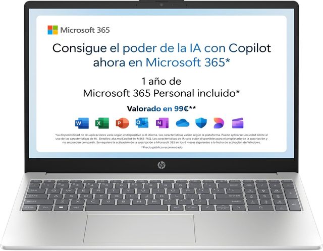 Imagen de la oferta: HP 15-fd0186ns - Ordenador portátil de 15.6" FHD (Intel N100, 4GB RAM, 128GB UFS, Intel UHD, Windows 11) Plata - Teclado QWERTY Español