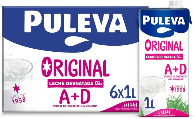 Imagen de la oferta: Puleva - Leche Puleva Original Desnatada con Vitaminas A y D UHT, Enriquecida con Calcio y Vitaminas, Sin Azúcar Añadido ni Gluten, Pack 6 x 1 L