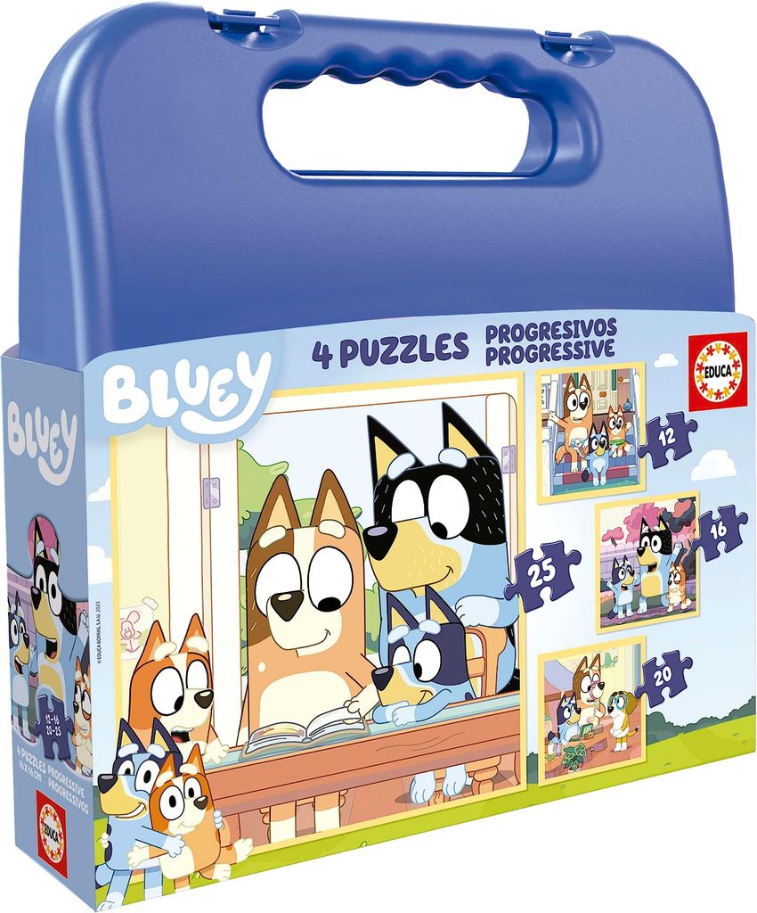 Imagen de: Educa - Set de Cuatro Puzzles progresivos de 12 a 25 Piezas con los Personajes de Bluey | Presentados en una magnífica Maleta para Poder guardarlos. Recomendados a Partir de 3 años (19830)