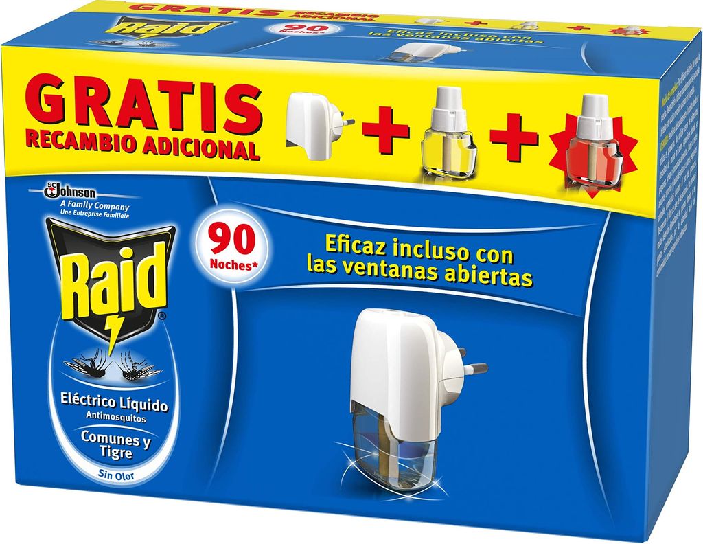 Imagen de: Raid Eléctrico Anti Mosquitos Comunes y Tigre 90 Noches con Aplicador y 2 Recambios - 54 Mililitros (2 x 27ml), El embalaje puede variar