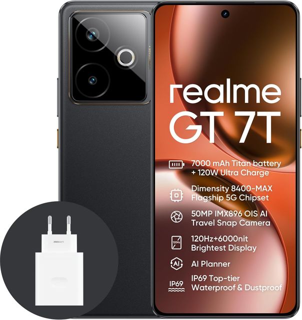 Imagen de la oferta: realme GT 7T 5G Smartphone,12+256GB, Batería de 7000 mAh,Carga de 120W,Procesador Dimensity 8400-MAX,IMX896 50MP Cámara,AI Planner,Pantalla Pro-Esports de 6000 nits120Hz,IP69,Negro,exclusivo de Amazon