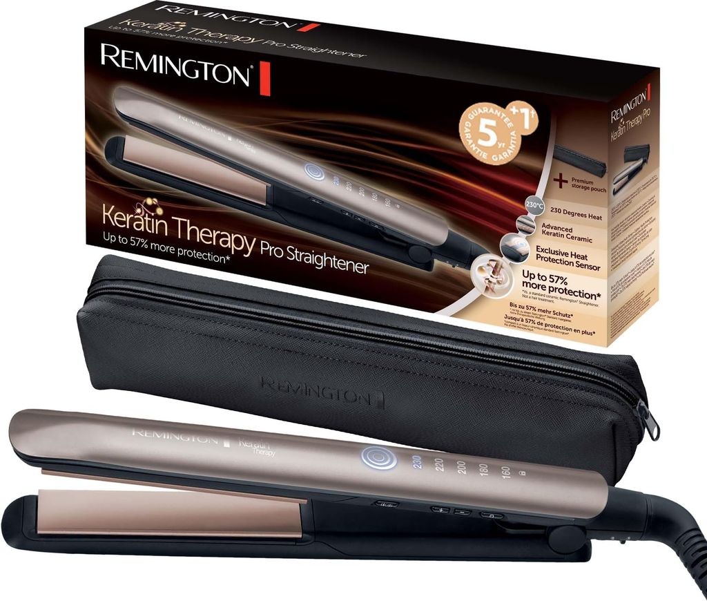 Imagen de: Remington Plancha Pelo pantalla digital, 160-230 °C, sensor protección contra el calor para reducir el daño capilar Keratin Therapy revestimiento cerámica con queratina y aceite de almendra S8593