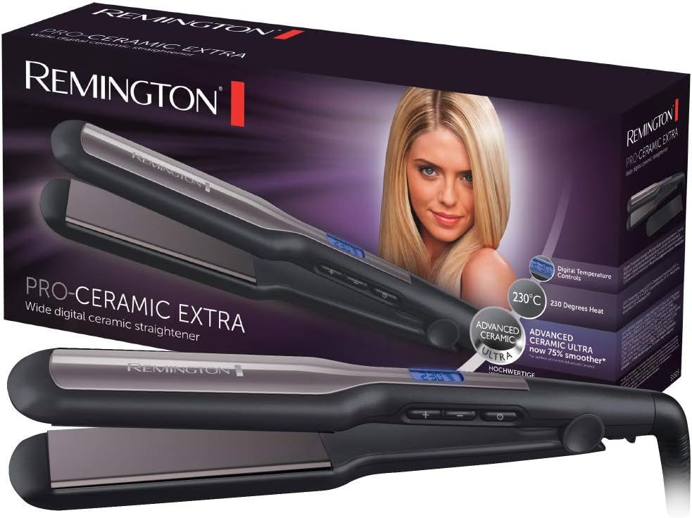 Imagen de: Remington Plancha de Pelo Pro Ceramic Extra, Cerámica Avanzada Ultra, Placas Flotantes Anchas, Temperatura hasta 230°C, Función Turbo y Bloqueo Temperatura, Digital, Calentamiento 15s, S5525