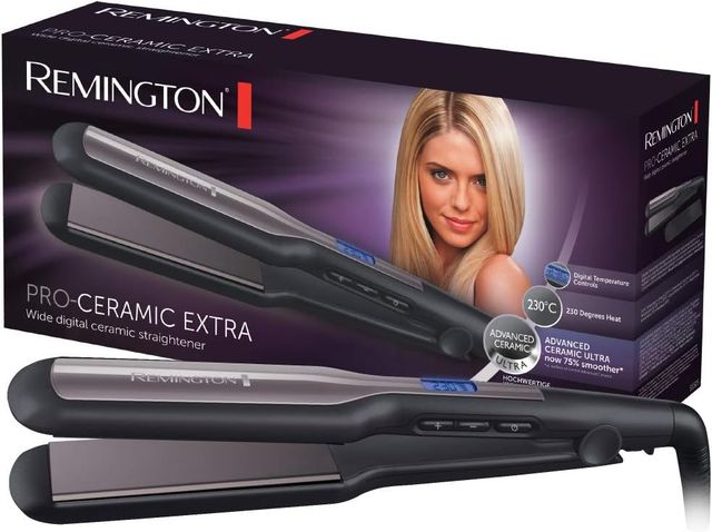 Imagen de la oferta: Remington Plancha de Pelo Pro Ceramic Extra, Cerámica Avanzada Ultra, Placas Flotantes Anchas, Temperatura hasta 230°C, Función Turbo y Bloqueo Temperatura, Digital, Calentamiento 15s, S5525