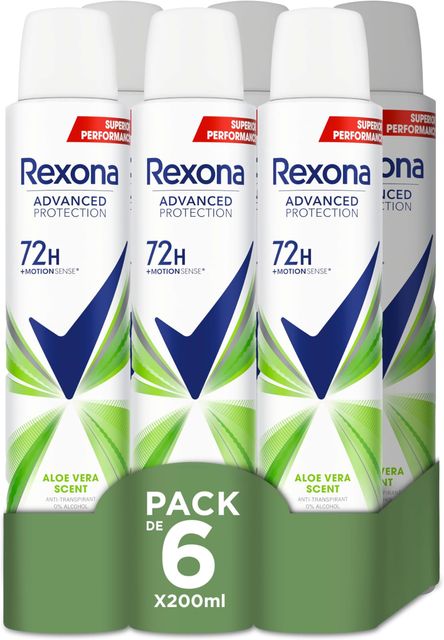 Imagen de la oferta: Rexona Advanced Protection Desodorante antitranspirante Aerosol para Mujer ALOE VERA 72h 200 ML 200 ml, Pack de 6 Unidades