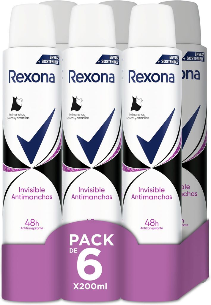 Imagen de: Rexona Invisible Desodorante Aerosol Antitranspirante para mujer Black&White 200ml - Pack de 6
