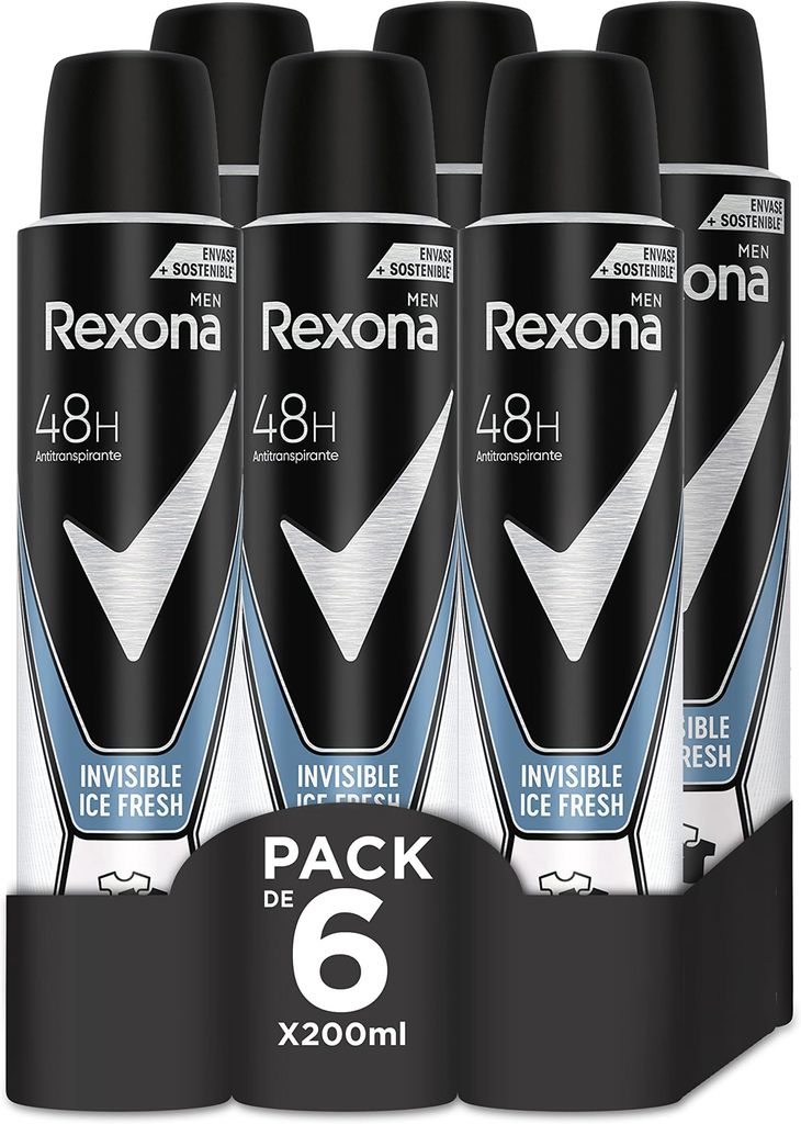 Imagen de: Rexona Invisible Desodorante Aerosol Antitranspirante para hombre Ice 200ml - Pack de 6, El embalaje puede variar