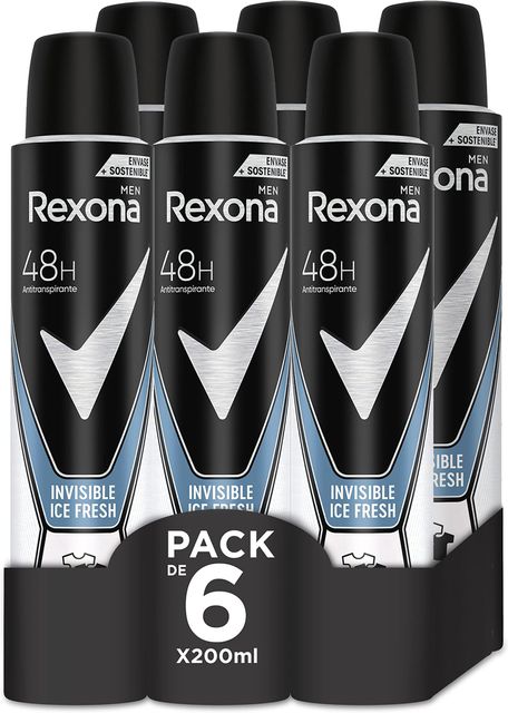 Imagen de la oferta: Rexona Invisible Desodorante Aerosol Antitranspirante para hombre Ice 200ml - Pack de 6, El embalaje puede variar