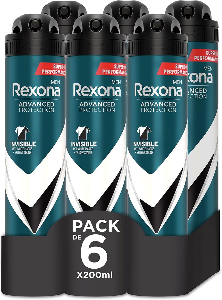 Imagen de: Rexona Desodorante Aerosol Protección Avanzada 72h Invisible Black & White Antitranspirante para hombre 200ml - Pack de 6