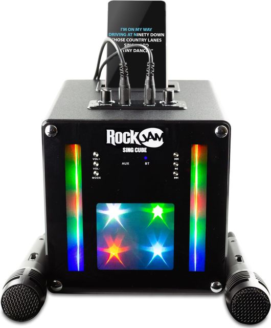 Imagen de la oferta: RockJam singcube - Máquina de Karaoke Bluetooth Recargable de 5 vatios con Dos micrófonos, Efectos de Cambio de Voz y Luces LED, Color Negro