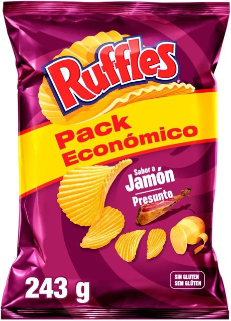 Imagen de la oferta: Ruffles Jamón, Patatas Fritas con sabor a jamón, Producto de Aperitivo, bolsa familiar, 243 gr