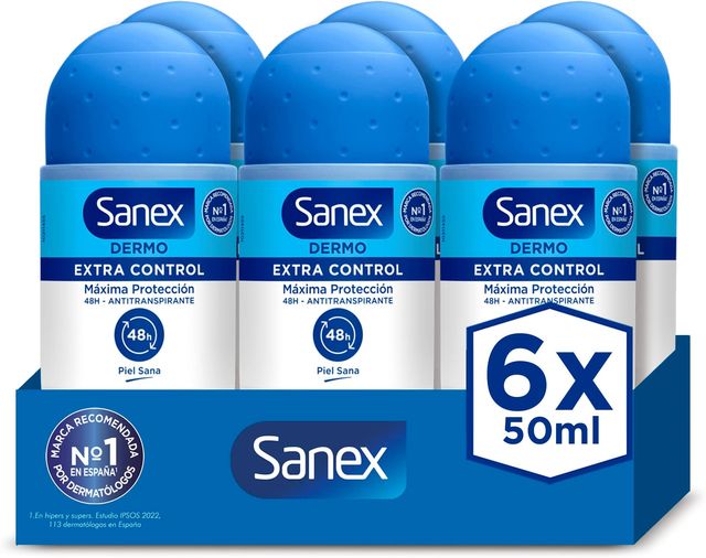 Imagen de la oferta: Sanex Dermo Extra Control Desodorante Roll-On, Pack 6 Uds x 50 ml, Desodorante Antitranspirante, hasta 48H de Protección Contra el Sudor y el Olor, Restaura el pH Natural de la Piel