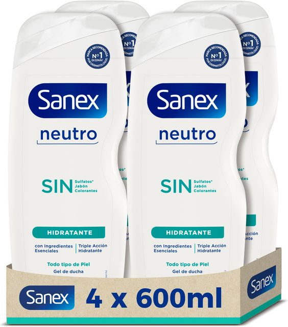 Imagen de la oferta: Sanex Gel de Ducha Neutro Hidratante (4x600 ml), con ingredientes esenciales, 0% sulfatos*, 0% jabón y 0% colorantes, para todo tipo de piel, hidratación duradera, tecnología triple acción
