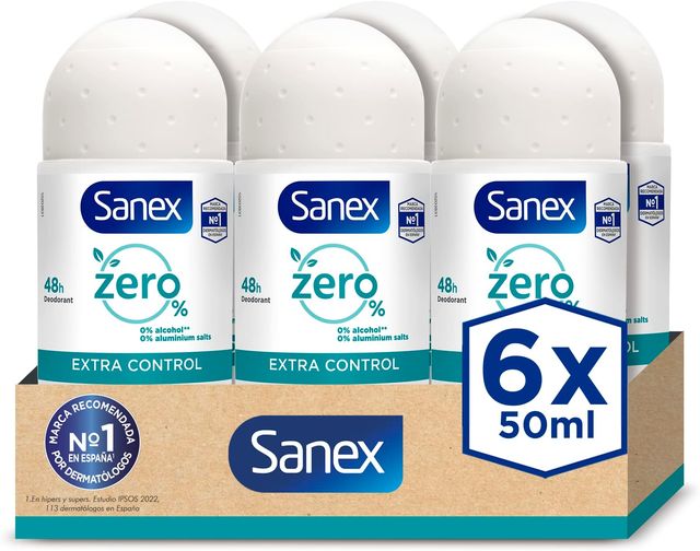 Imagen de la oferta: Sanex Zero% Extra Control Desodorante Roll-On, 50ml, Protección 48H, 0% Alcohol, 0% Sales de Aluminio, Cuida y Mantiene la Piel Sana, Inhibe la Formación de Olores Corporales PACK DE 6