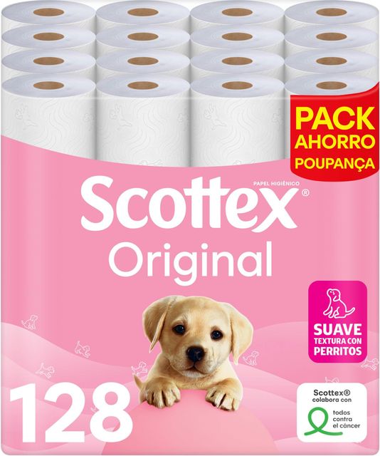 Imagen de la oferta: Scottex Original Papel higiénico, 128 rollos, 4 packs de 32 rollos dos capas que proporcionan el equilibro adecuado en suavidad y resistencia