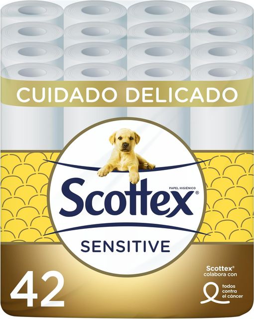 Imagen de la oferta: Scottex Papel Higiénico Sensitive 42 rollos con 3 capas cuidado delicado gracias al toque de leche de almendras (7 packs de 6 rollos)