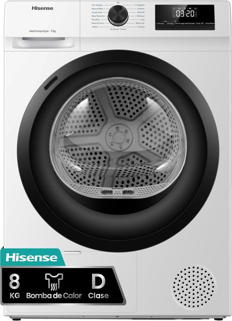 Imagen de la oferta: Hisense DHQE800BW2 - Secadora de Ropa, 8Kg, Clase D, Ancho 60cm, 16 Programas, Secado Automático, Secado Rápido, Secado Anti Arrugas, Bomba de Calor, Secado Ion Refresh, Blanco