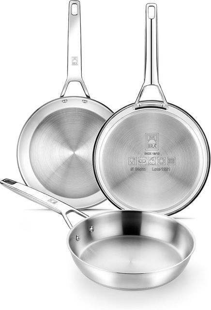 Imagen de la oferta: BRA Signature Set 3 Sartenes 20-24-26, Acero Inox 18/10 Profesional Sin Antiadherente, Triple Fondo Difusor Apto Todo Tipo De Cocinas E Inducción, Acabado Pulido