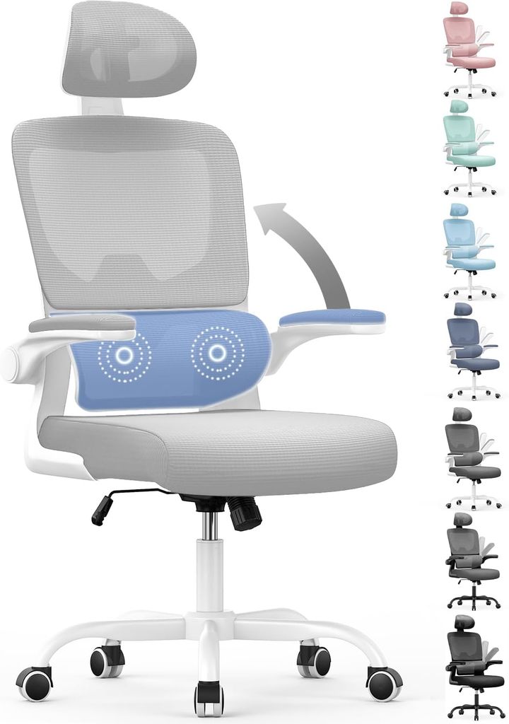 Imagen de: naspaluro Silla Oficina,Silla Escritorio Ergonómica con Soporte Lumbar Dinámico, Reposabrazos Abatibles, Silla Escritorio con Ajuste de Altura, función de balanceo de 120°, Mejora Gris