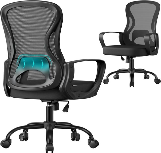 Imagen de la oferta: SONGMICS Silla de Oficina Ergonómica, Silla de Escritorio Giratoria de Malla con Soporte Lumbar, Reposabrazos, para Estudio y Dormitorio, Negro Tinta OBN043BH02