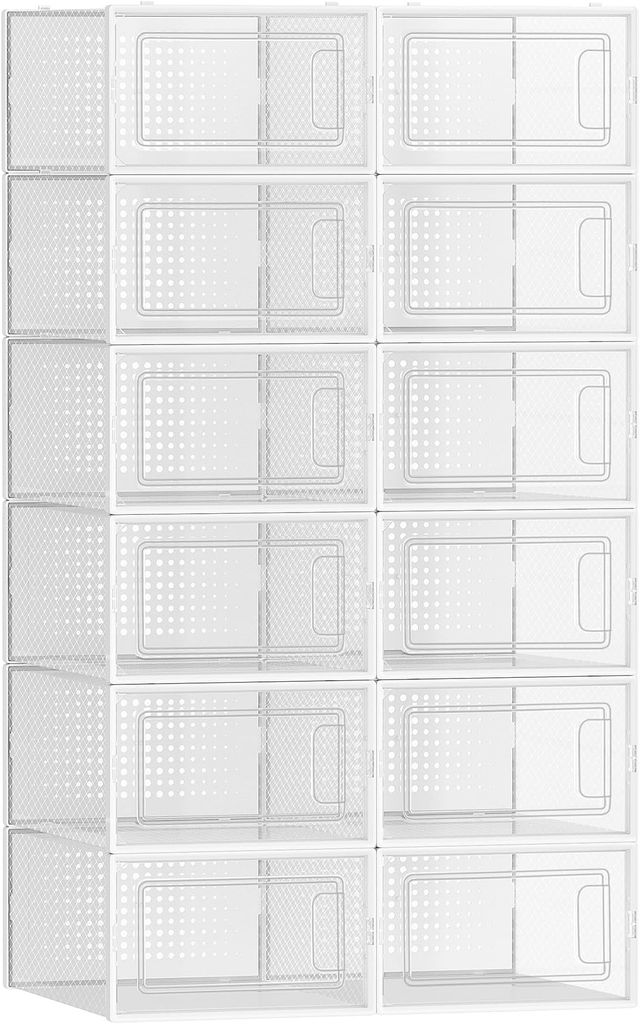 Imagen de: SONGMICS Cajas de Zapatos Plástico, Juego de 12 Organizadores de Almacenamiento, Caja Zapatero Plástico Plegable y Apilable para Zapatillas hasta talla 44, Transparente y Blanco LSP12SWT