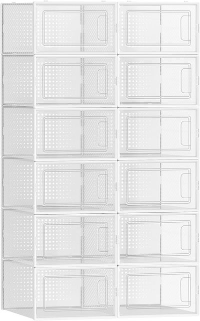 Imagen de la oferta: SONGMICS Cajas de Zapatos Plástico, Juego de 12 Organizadores de Almacenamiento, Caja Zapatero Plástico Plegable y Apilable para Zapatillas hasta talla 44, Transparente y Blanco LSP12SWT
