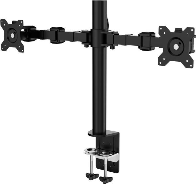 Imagen de la oferta: Amazon Basics Soporte para dos pantallas con brazo de montaje con altura ajustable, rotación de 360°, inclinación de pantalla ajustable y organizador de cables (acero), Negro