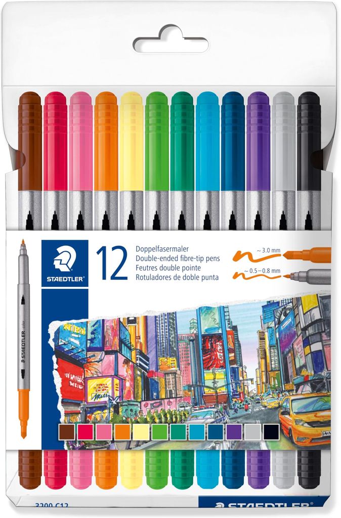 Imagen de: STAEDTLER Rotuladores para colorear Design Journey - Doble extremo, ancho de trazo de 0,5 a 3,0 mm, 12 colores surtidos, paquete de 12, 3200 C12