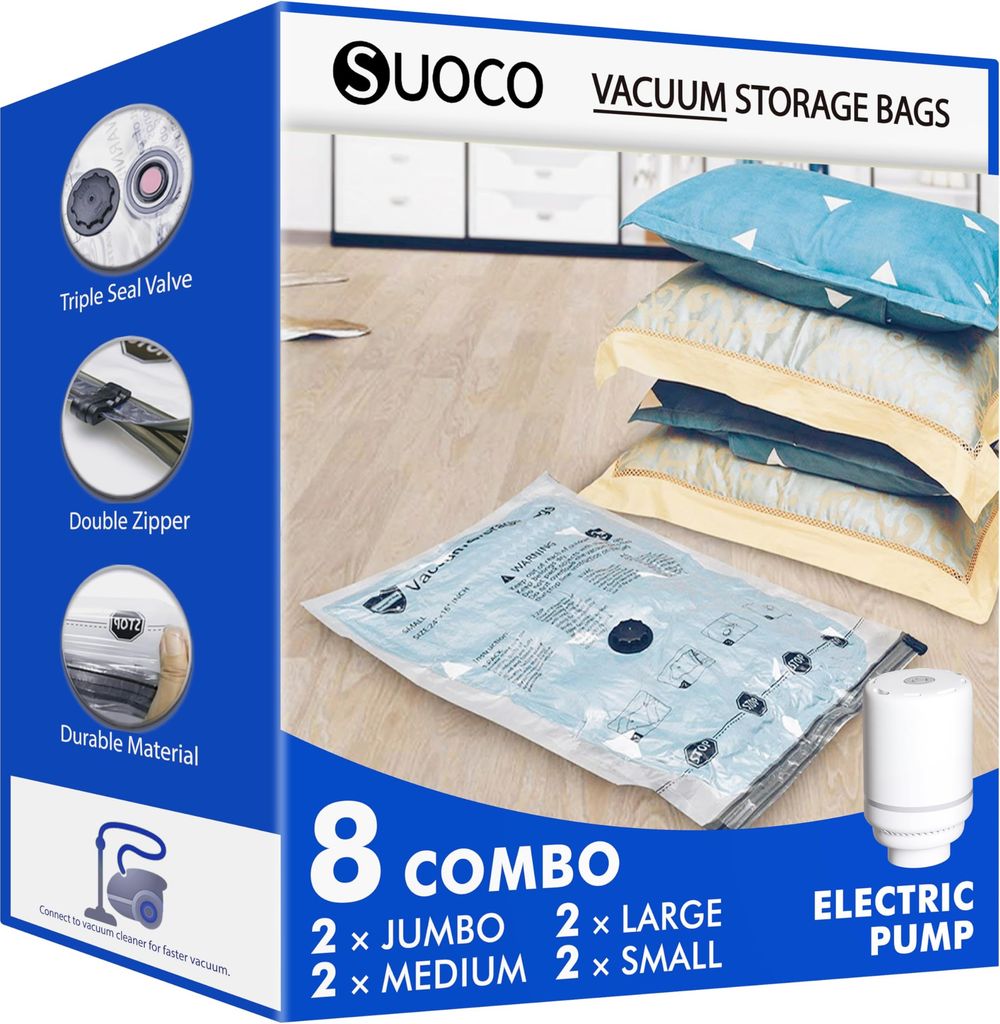 Imagen de: SUOCO Bolsas al Vacío Ropa, Juego de 8 Bolsas (2J + 2L + 2M + 2S) con Bomba Eléctrica, Bolsas de Almacenaje al Vacío para Ropa y Edredones, Viaje y Hogar, Resistente y Reutilizable