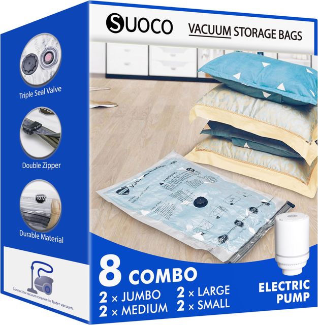 Imagen de la oferta: SUOCO Bolsas al Vacío Ropa, Juego de 8 Bolsas (2J + 2L + 2M + 2S) con Bomba Eléctrica, Bolsas de Almacenaje al Vacío para Ropa y Edredones, Viaje y Hogar, Resistente y Reutilizable