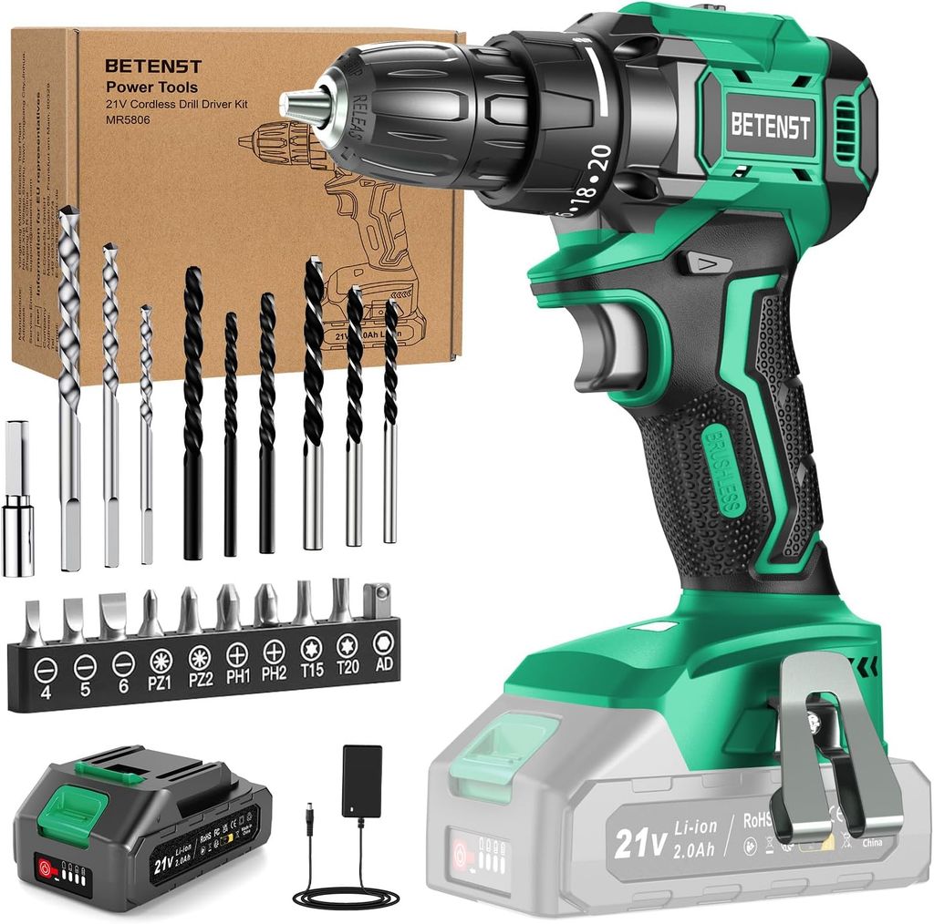 Imagen de: Taladro Atornillador Batería Sin Escobillas, BETENST Atornillador Electrico 21V con 2.0Ah Baterías, 45N.m Taladro Inalámbrico, 20 Ajuste de Par, 20 Accesorios, 2 Velocidad, Luz LED Para Bricolaje