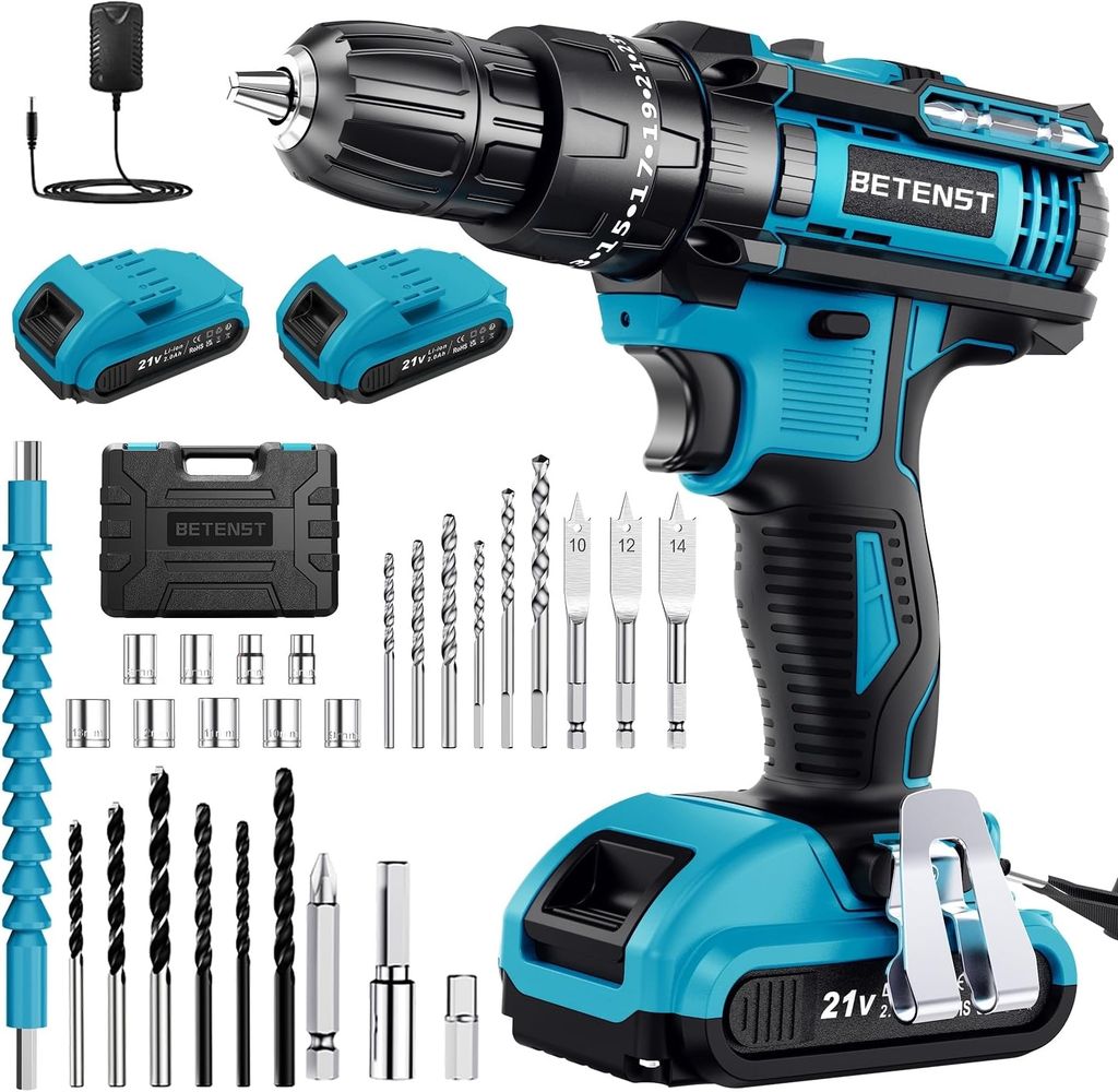 Imagen de: Taladro Percutor a Bateria 21V, BETENST Taladro Atornillador Bateria 42Nm con 2 Baterías 2.0Ah, 25 * 3 Ajuste de Par Destornillador Electrico, 30 Accesorios, Portabrocas de 10mm Para Hogar, Bricolaje