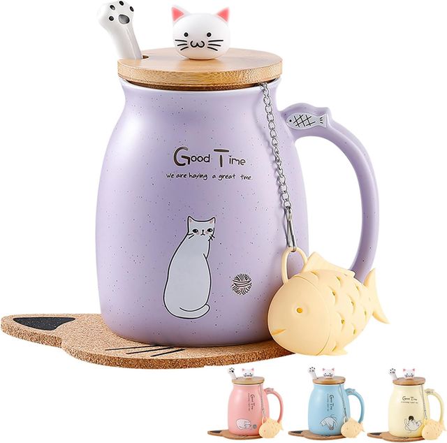 Imagen de la oferta: Taza Gato Linda Taza de café de cerámica con Tapa,Cuchara , Novedad Copa de la mañana Té Leche Navidad Jarra Regalo 380ML