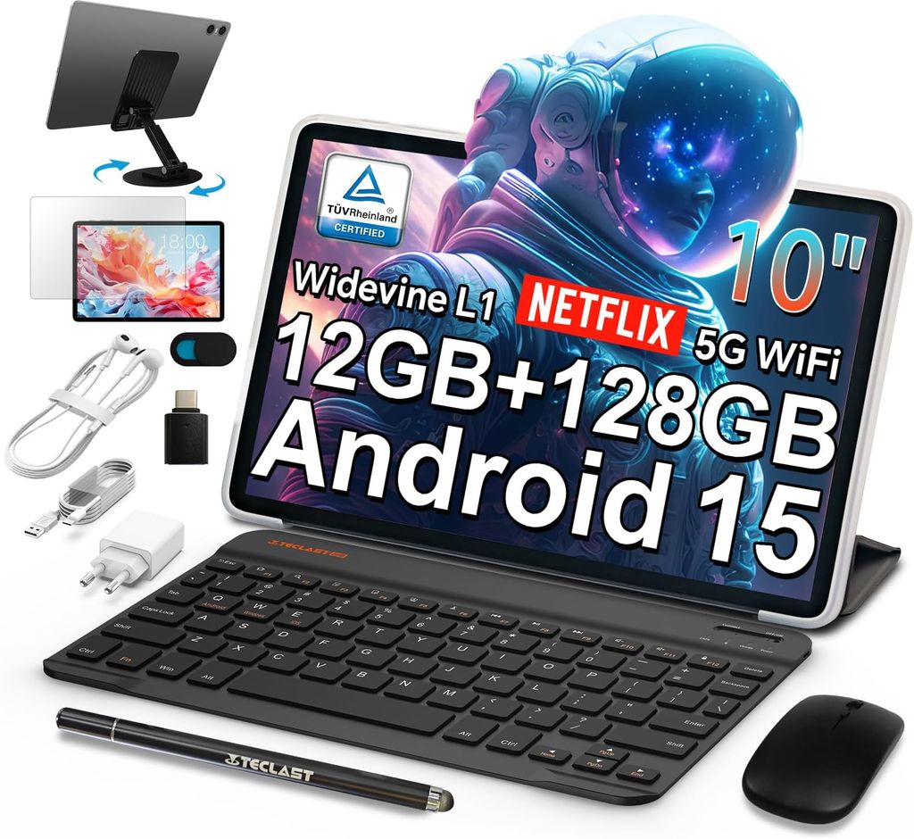 Imagen de: TECLAST P30T Tablet 10 Pulgadas Android 15 Tableta con 10 Accesorios, 12GB RAM+128GB ROM(TF 4TB), 2GHz Octa-Core CPU, Tablet con Teclado+Lápiz+Funda+Auriculares, 5G WiFi/Widevine L1/6000mAh/GPS, 2025