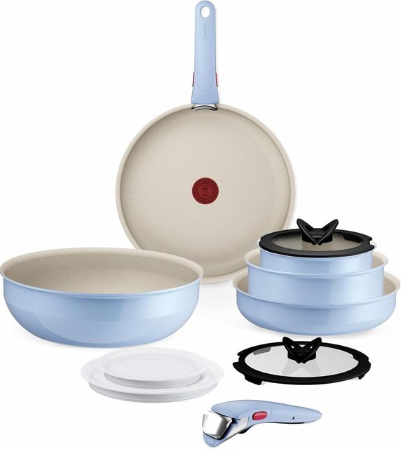 Imagen de la oferta: Tefal Ingenio Serenity - Juego de 2 Sartenes 22/28 cm + Wok 26 cm + 2 Cazos 16/20 cm + 4 Accesorios + 2 Mangos, Revestimiento Antiadherente, Apilable, Inducción, Apto lavavajillas y horno, Azul Cielo