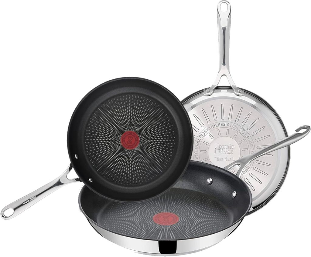 Imagen de: Tefal Jamie Oliver - Juego de 3 Sartenes 20/24/28 cm, Apto inducción, antiadherente, revestimiento titanio, Thermo-signal, sin PFOA, apto lavavajillas y horno, acero inoxidable