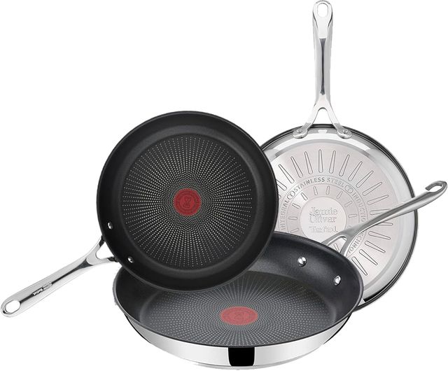 Imagen de la oferta: Tefal Jamie Oliver - Juego de 3 Sartenes 20/24/28 cm, Apto inducción, antiadherente, revestimiento titanio, Thermo-signal, sin PFOA, apto lavavajillas y horno, acero inoxidable