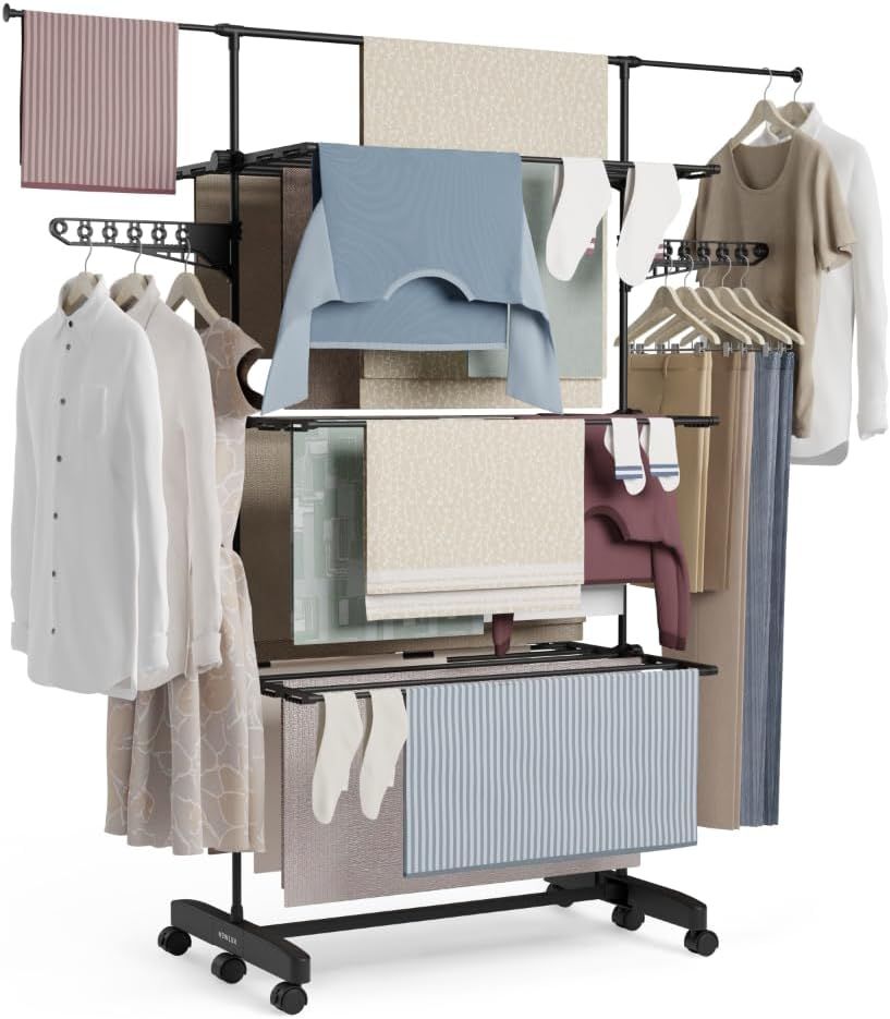 Imagen de: NEWLUX-Tendedero Vertical Plegable XXL Fold Care V60 Negro con Ruedas, 5 Niveles Dobles y 18-21m de tendido. Tendedero Plegable con Soporte para Perchas y Prendas largas de 1,5m. Ideal como Perchero