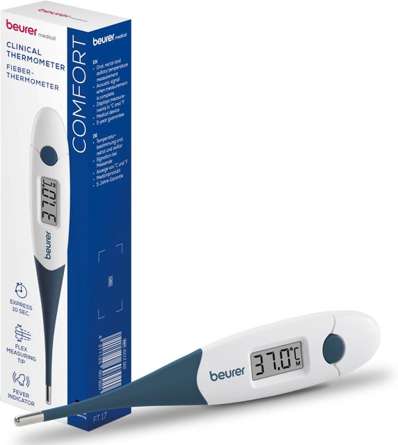 Imagen de la oferta: Beurer FT 17 termómetro clínico digital, termómetro con punta de medición flexible para la medición oral, rectal y axilar, resultado en 10 s, indicador de fiebre, para bebés, niños y adultos, blanco