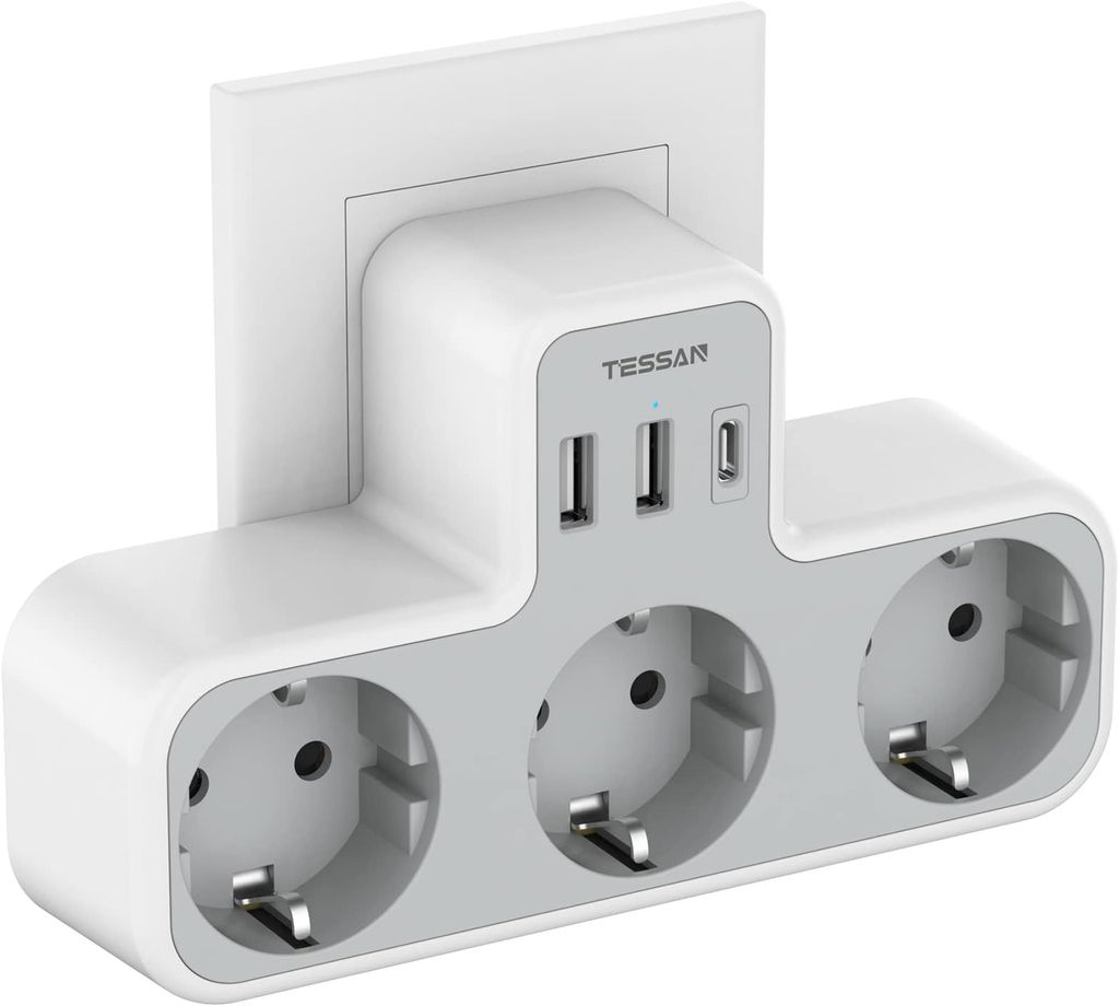 Imagen de: TESSAN Ladron Enchufes Plano con USB C, 6 en 1 Ladrón Enchufes Multiples USB, Triple Cargador Multiple 3600W, Regleta Pared para Oficina, Cocina, Compatible con Móviles, Blanco y Gris