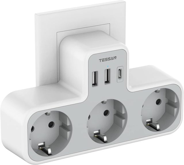 Imagen de la oferta: TESSAN Ladron Enchufes Plano con USB C, 6 en 1 Ladrón Enchufes Multiples USB, Triple Cargador Multiple 3600W, Regleta Pared para Oficina, Cocina, Compatible con Móviles, Blanco y Gris