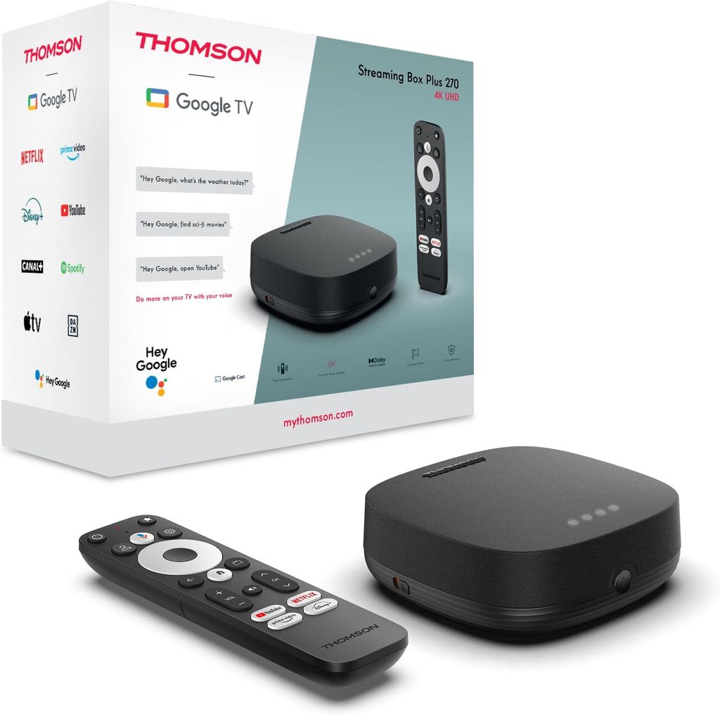 Imagen de: THOMSON Google TV Streaming Box Plus 270, 4K UHD, Altavoz Integrado para Control por Voz, Netflix, Disney +, Streaming a través de WiFi, Google Cast, 32GB de Memoria