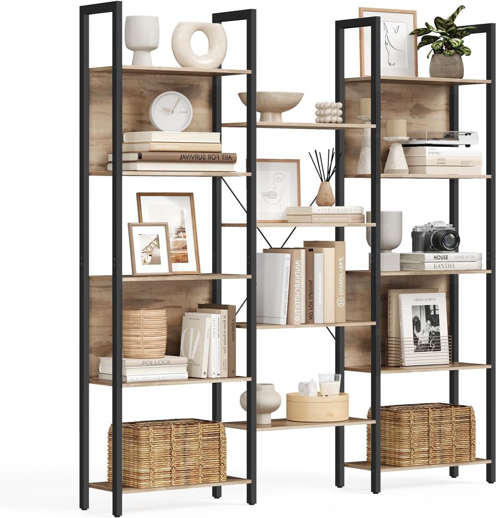 Imagen de: VASAGLE Librería, Estantería de Almacenamiento, con 14 Estantes, Marco de Metal, para Sala de Estar, Estudio, Oficina, Estilo Industrial, 24 x 158 x 166 cm, Marrón Camello y Negro Tinta LLS107K01